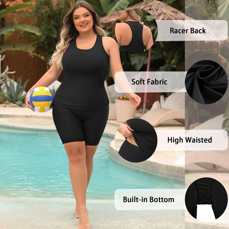 Daci Women's Plus Size Tankini Swimsuit - Two Piece Rash Guard with Capris Shorts and Athletic Racerback Bathing Suit Black 20 Plus - Image 5